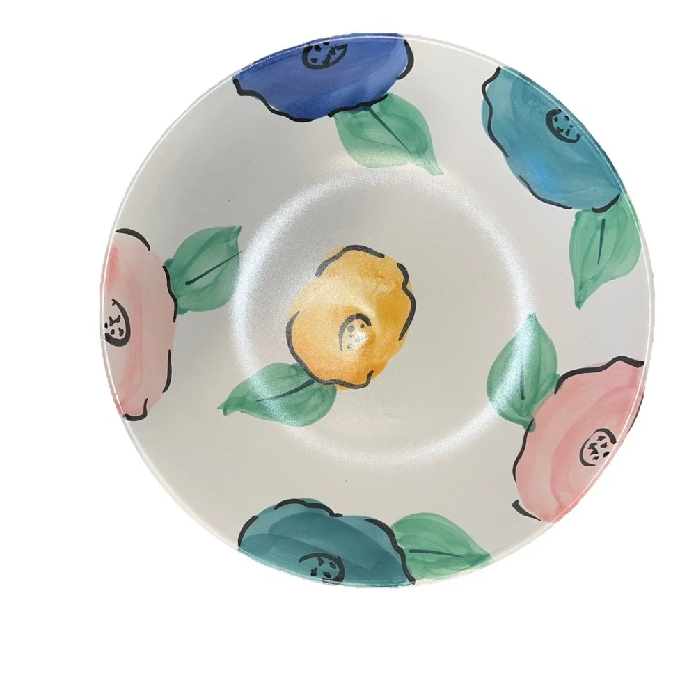 PIER 1  FLOWER SERVING BOWL‎ PAINTED STONEWARE DISCONTINUED FLORAL PATTERN 13